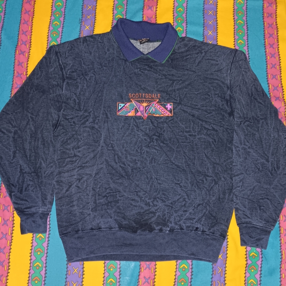90a Arizona Scottsdale Vintage Polo Collar Sweatshirt Acid Wash Washed Aztec